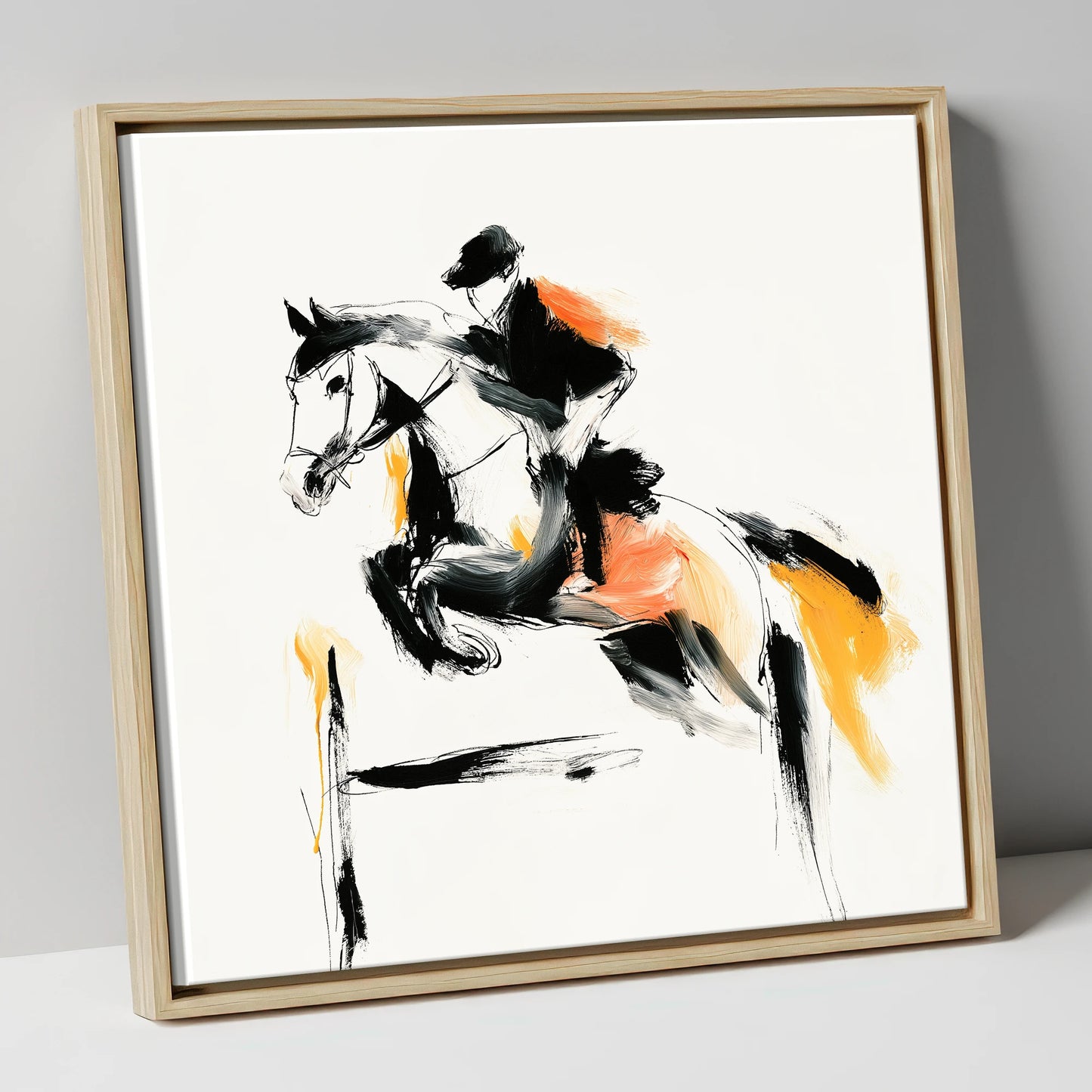 The Amber Leap show jumping horse canvas wall art in natural frame