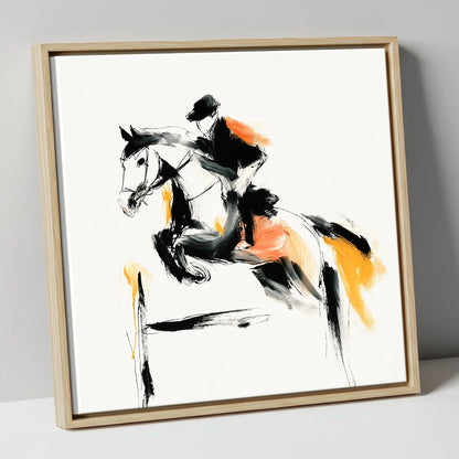 The Amber Leap show jumping horse canvas wall art in natural frame