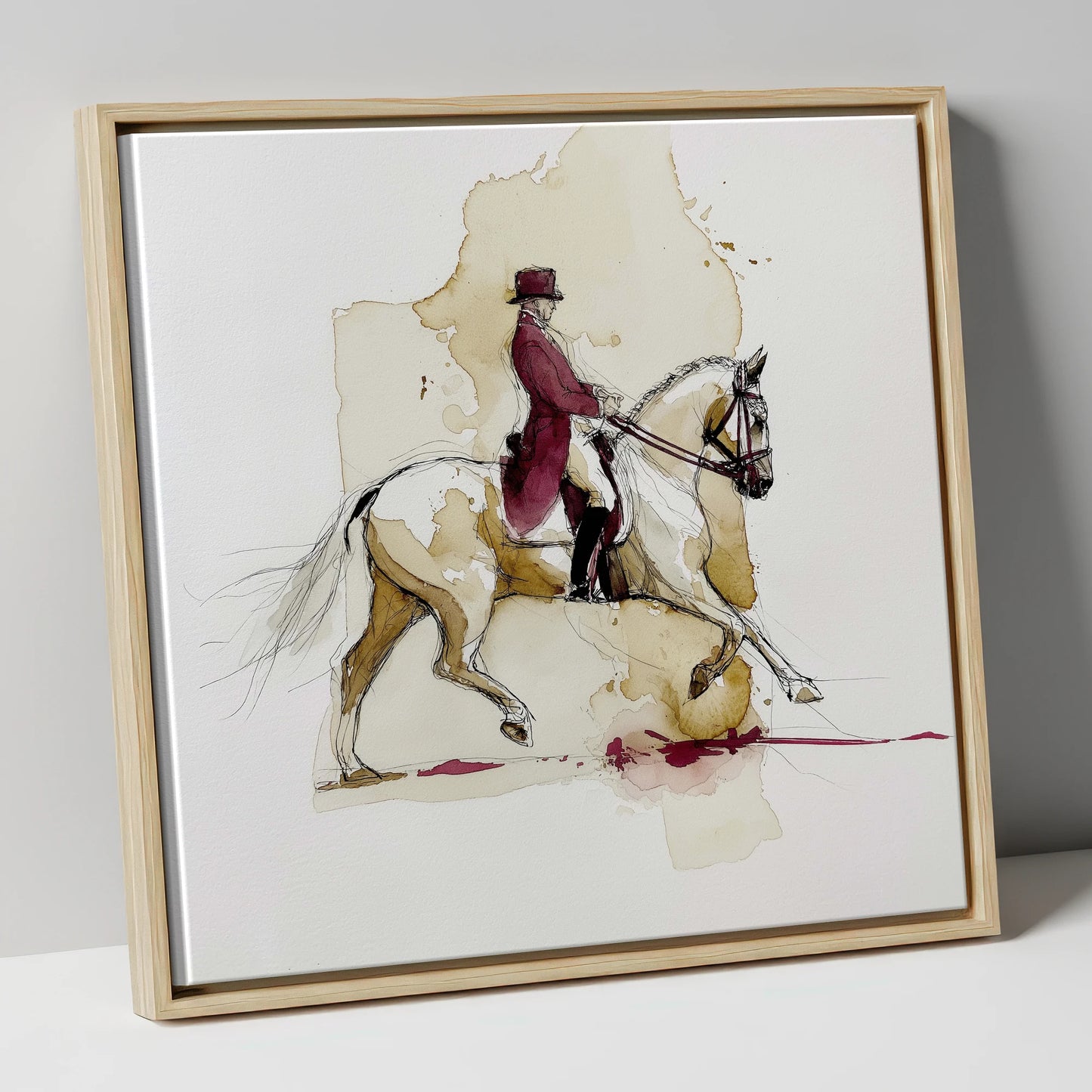 Collected Elegance dressage horse canvas wall art in natural frame