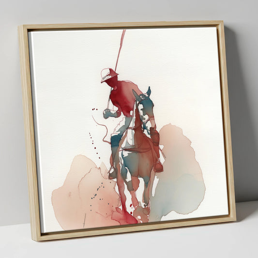 The Crimson Strike polo horse canvas wall art in natural frame