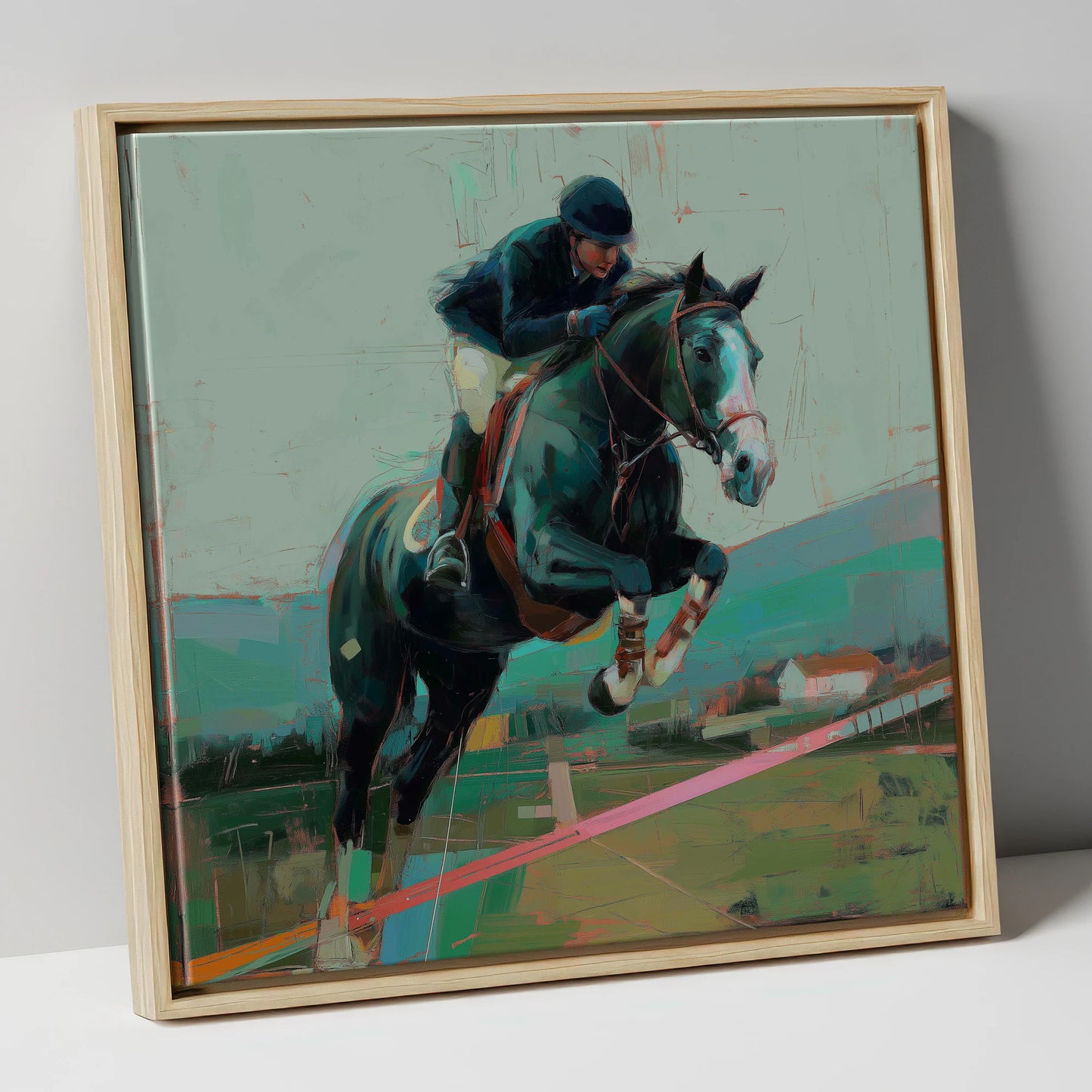 Midnight Flight show jumping horse canvas wall art in natural frame