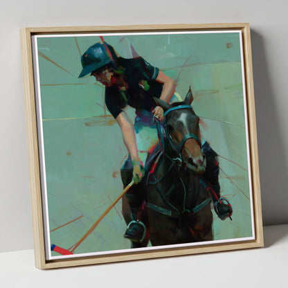 Mid-Match Focus polo horse canvas wall art in natural frame