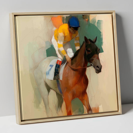 Silks at the Start racing horse canvas wall art in natural frame