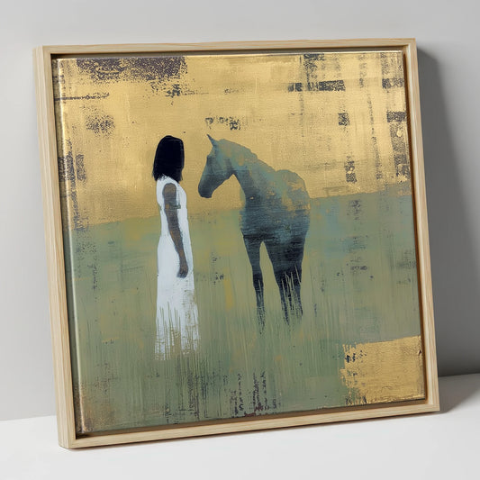 A Quiet Connection horse & rider canvas wall art in natural frame
