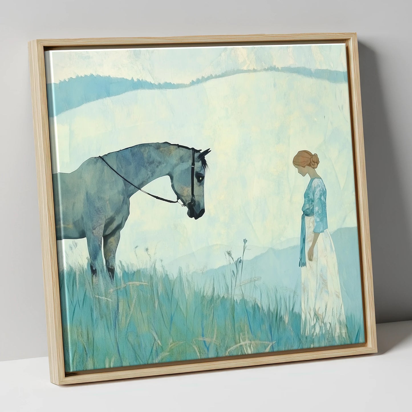 Gentle Regard horse & rider canvas wall art in natural frame
