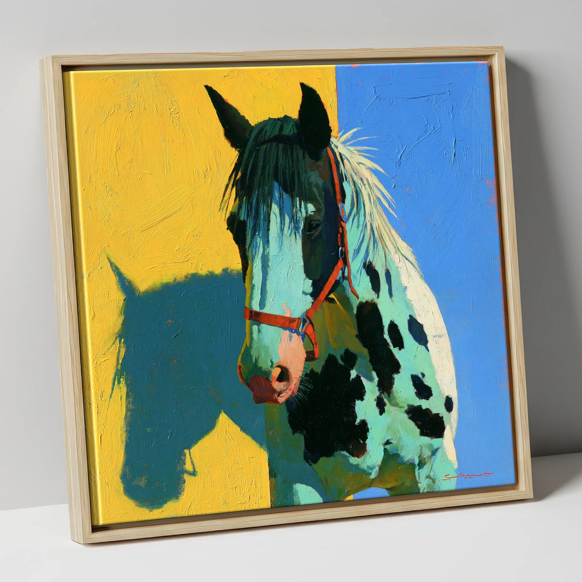 Spotted Horse with Teal Shadow horse breed canvas wall art in natural frame