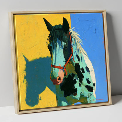 Spotted Horse with Teal Shadow horse breed canvas wall art in natural frame