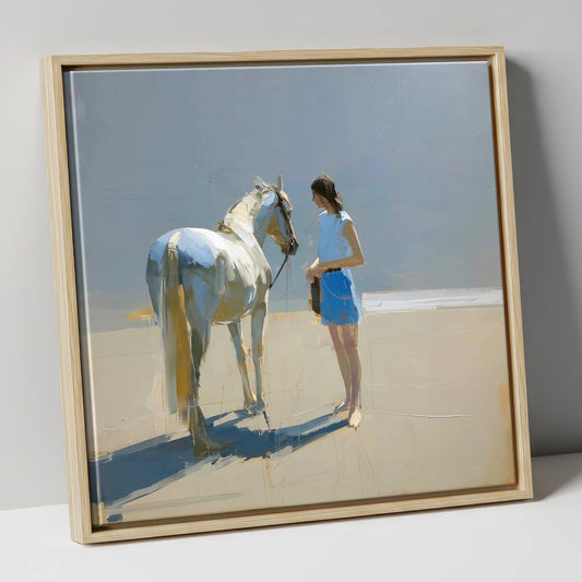 Sunlit Serenity in Blue horse & rider canvas wall art in natural frame