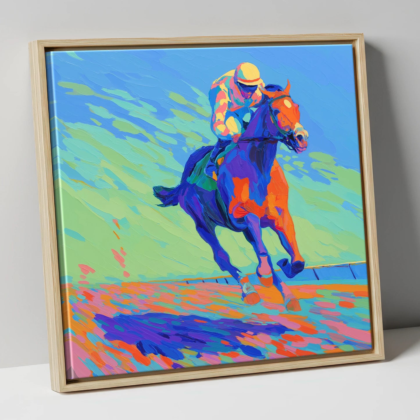 Vibrant Homestretch racing horse canvas wall art in natural frame