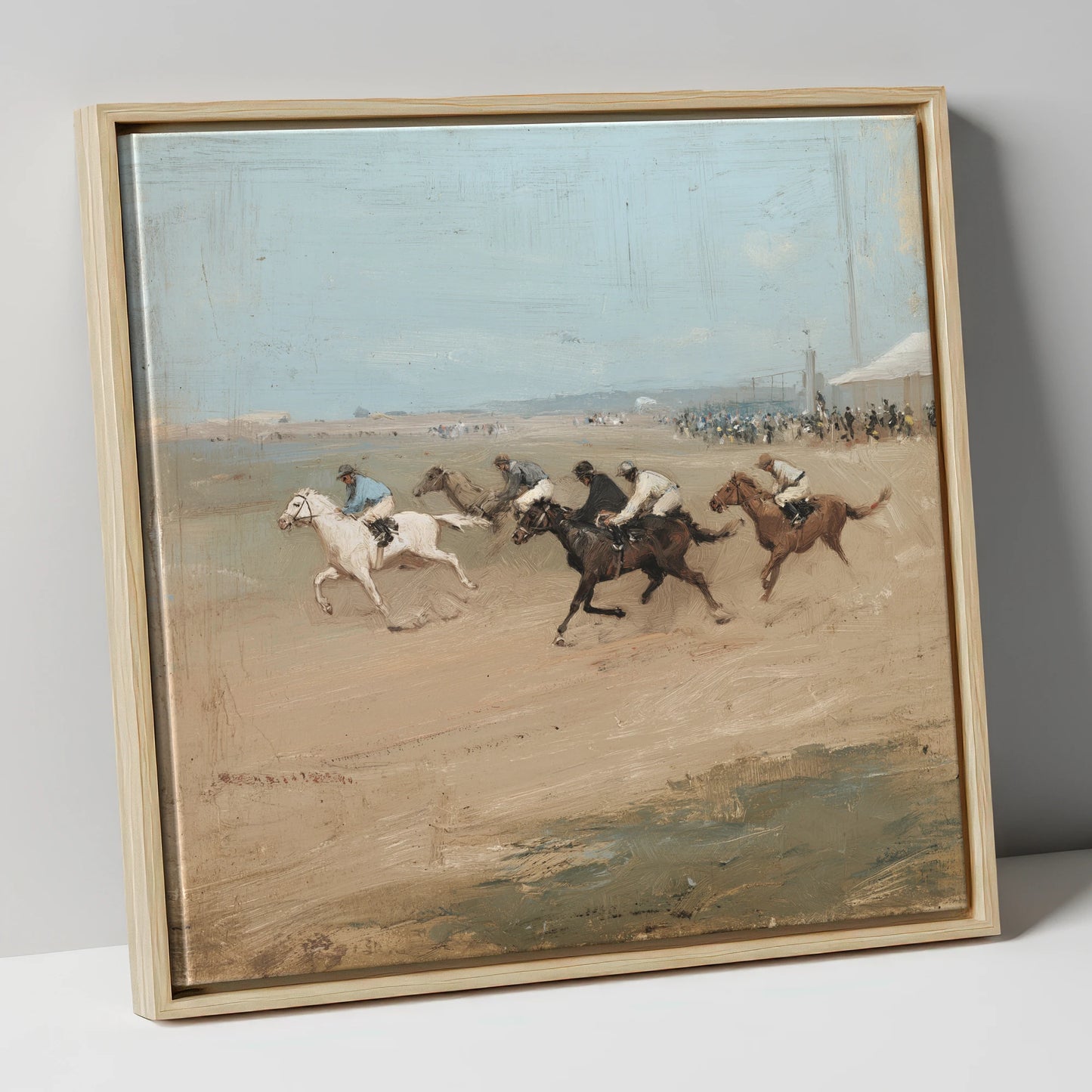 Gallop on the Sands racing horse canvas wall art in natural frame