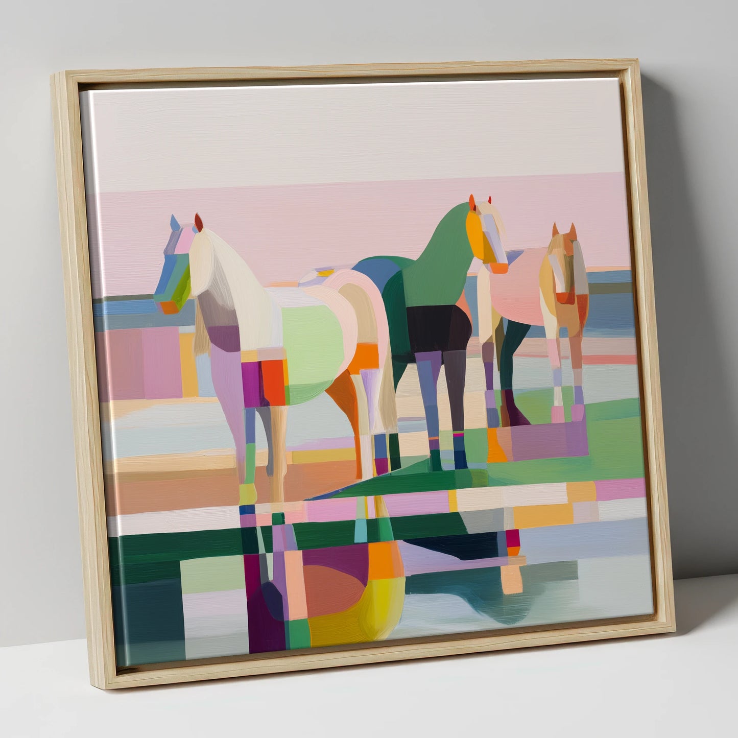 Geometric Equine Horizon horse landscape canvas wall art in natural frame