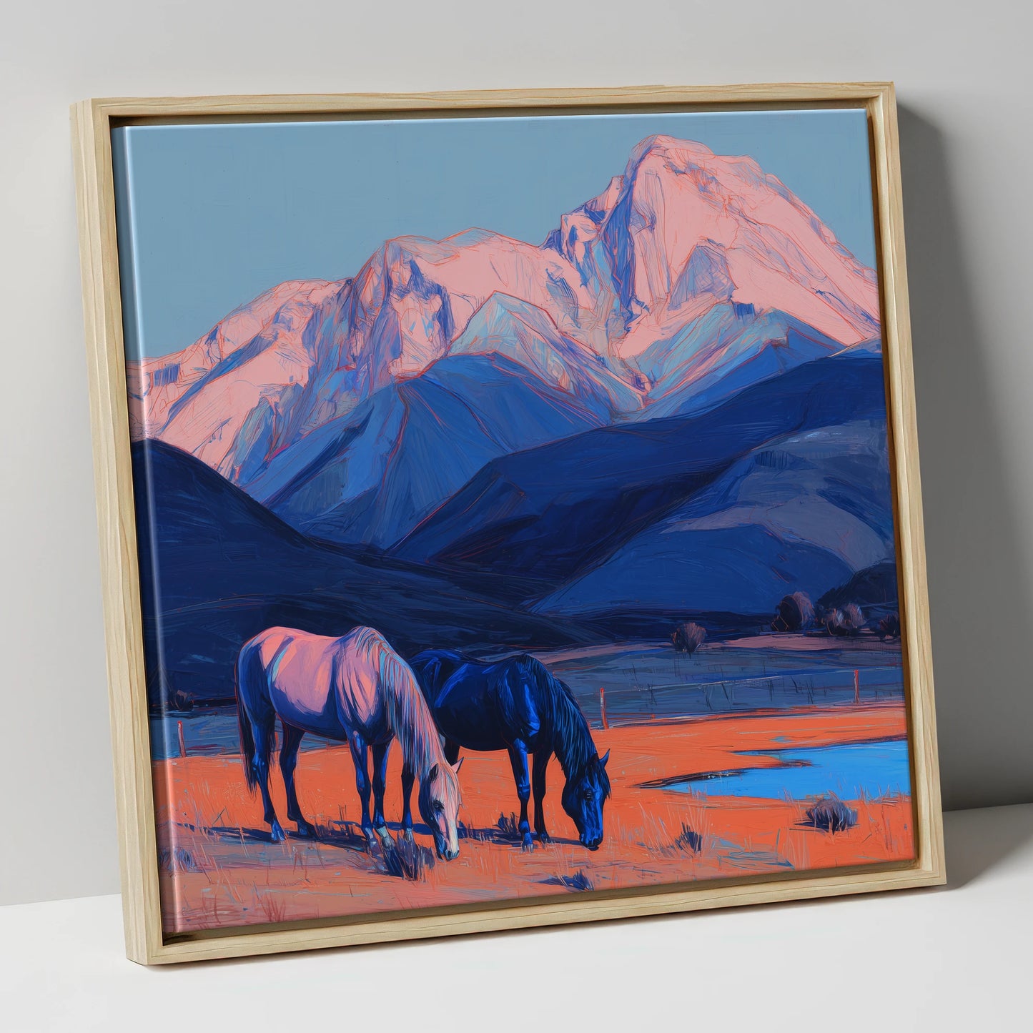 Indigo Mountain Pastures horse landscape canvas wall art in natural frame