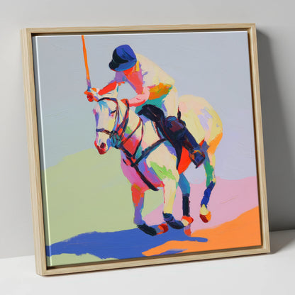 Vibrant Polo Drive polo horse canvas wall art in natural frame