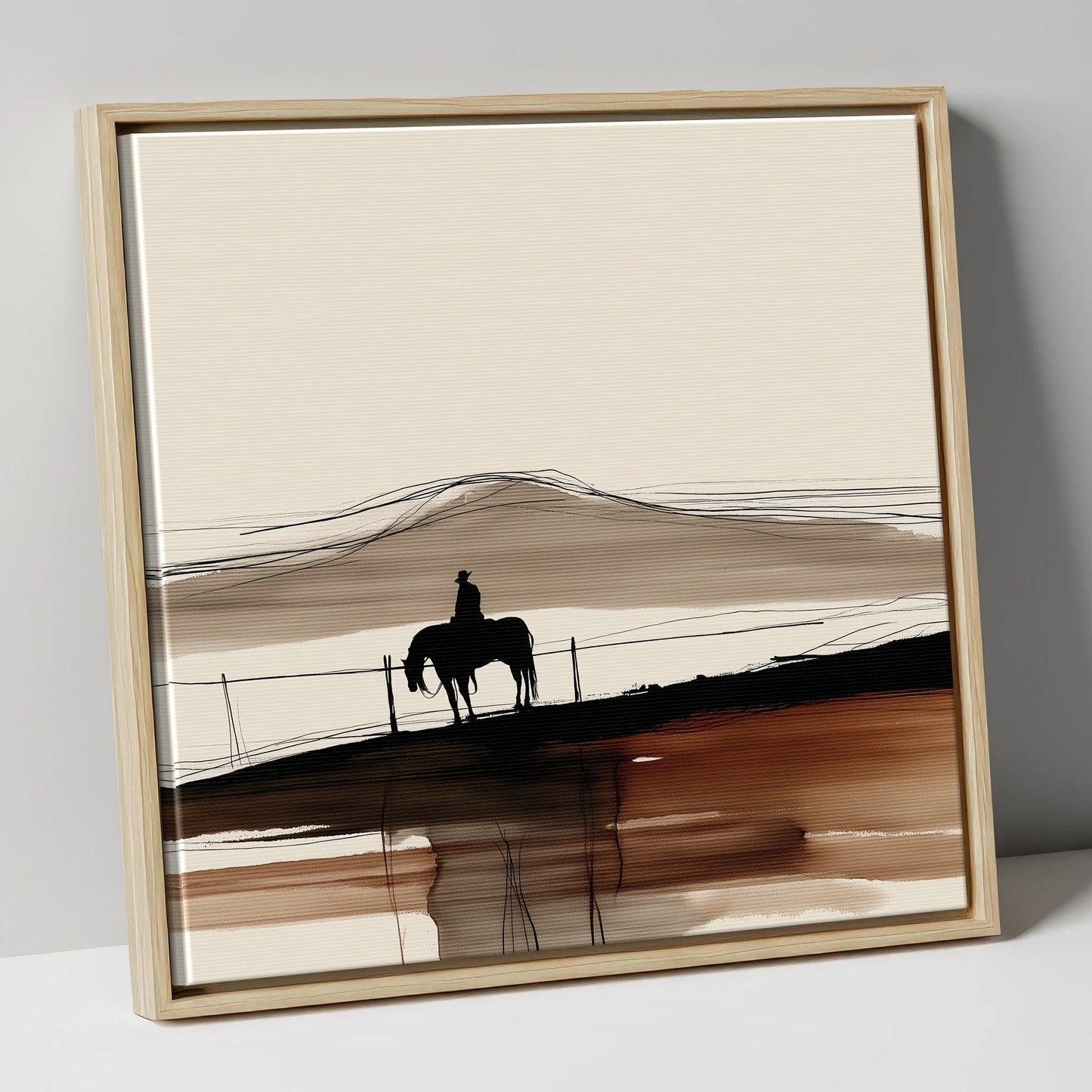 Western Solitude western horse canvas wall art in natural frame