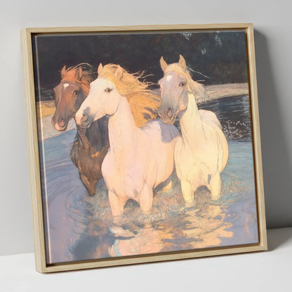 Three in the Shallows wild horses canvas wall art in natural frame
