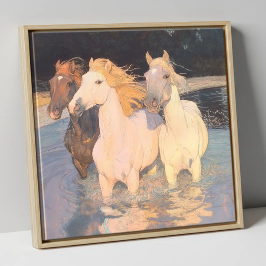 Three in the Shallows wild horses canvas wall art in natural frame