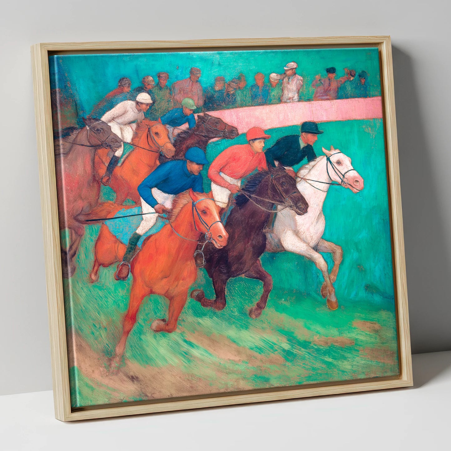 The Vibrant Furlong racing horse canvas wall art in natural frame
