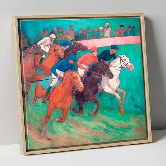 The Vibrant Furlong racing horse canvas wall art in natural frame