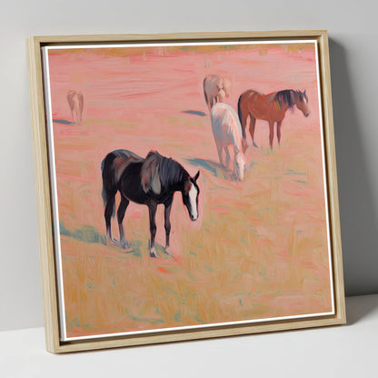 Dusky Rosa Pastures wild horses canvas wall art in natural frame