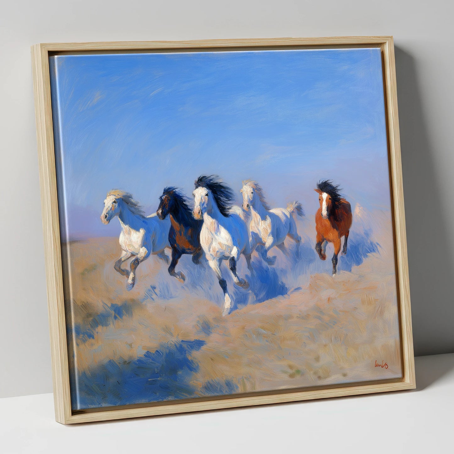 The Cerulean Gallop wild horses canvas wall art in natural frame