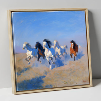 The Cerulean Gallop wild horses canvas wall art in natural frame