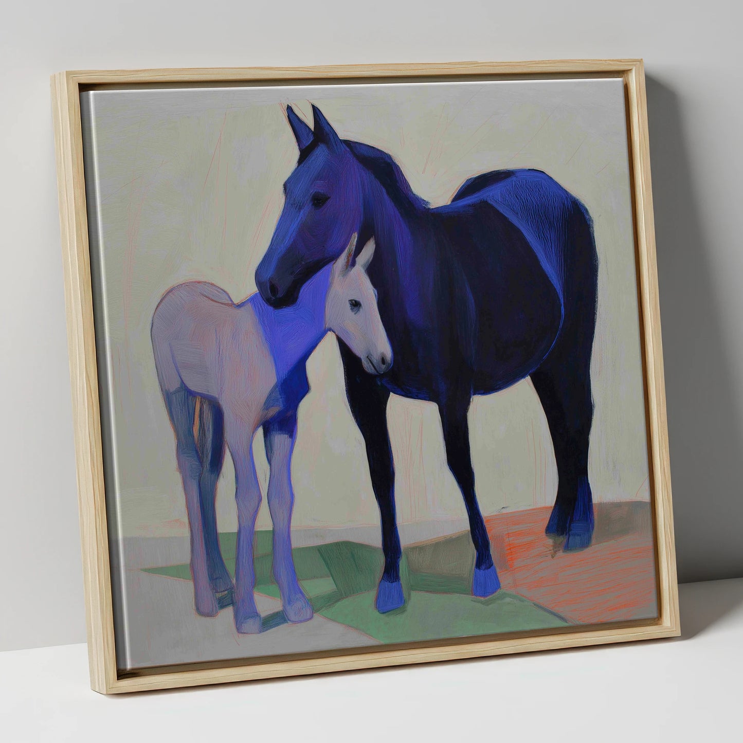 Indigo Embrace mare & foal canvas wall art in natural frame