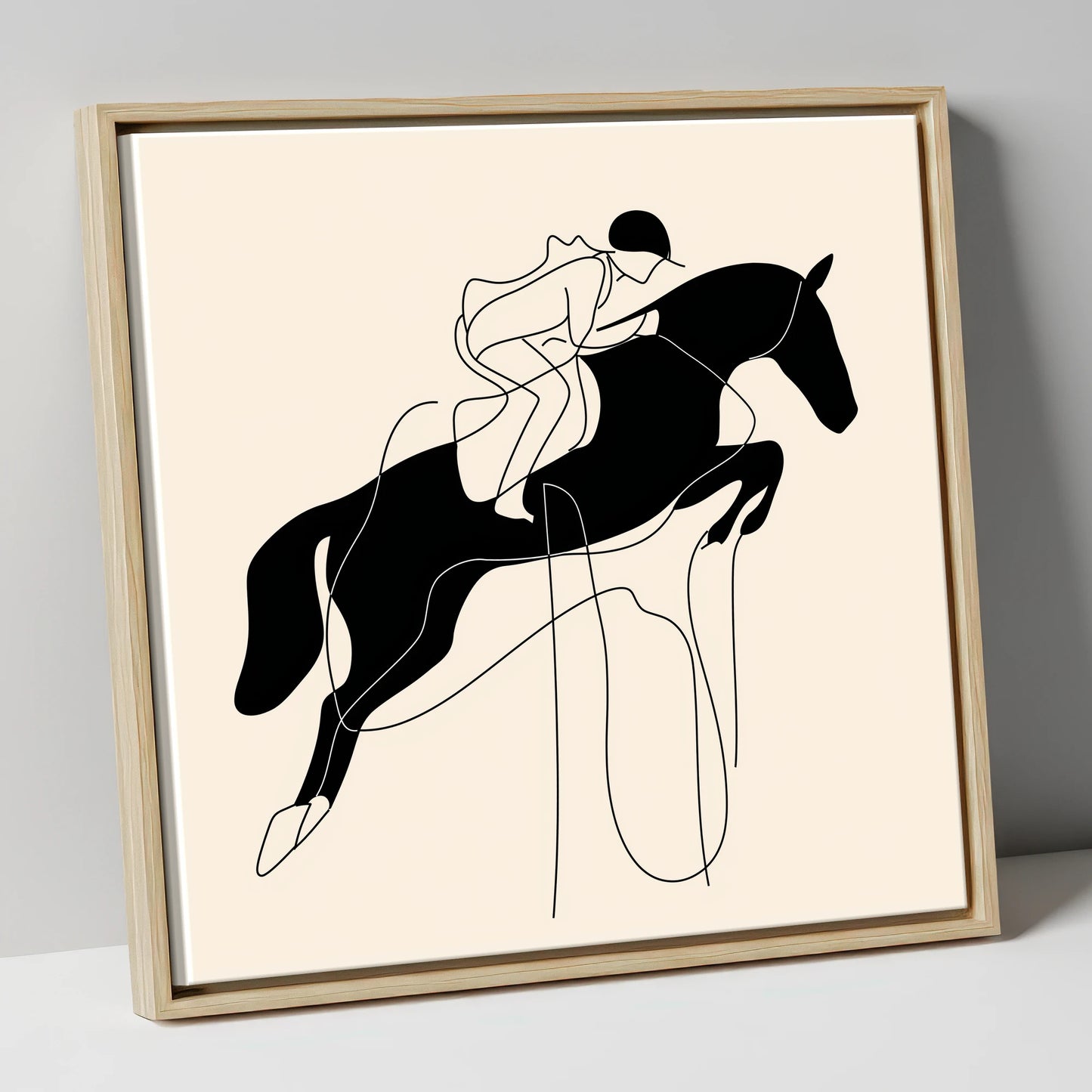 Flight and Form show jumping horse canvas wall art in natural frame