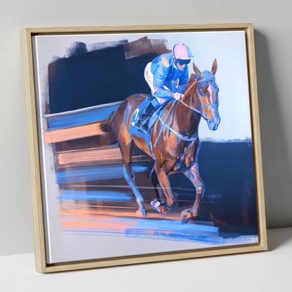 Velocity in Blue racing horse canvas wall art in natural frame