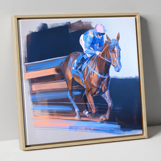 Velocity in Blue racing horse canvas wall art in natural frame