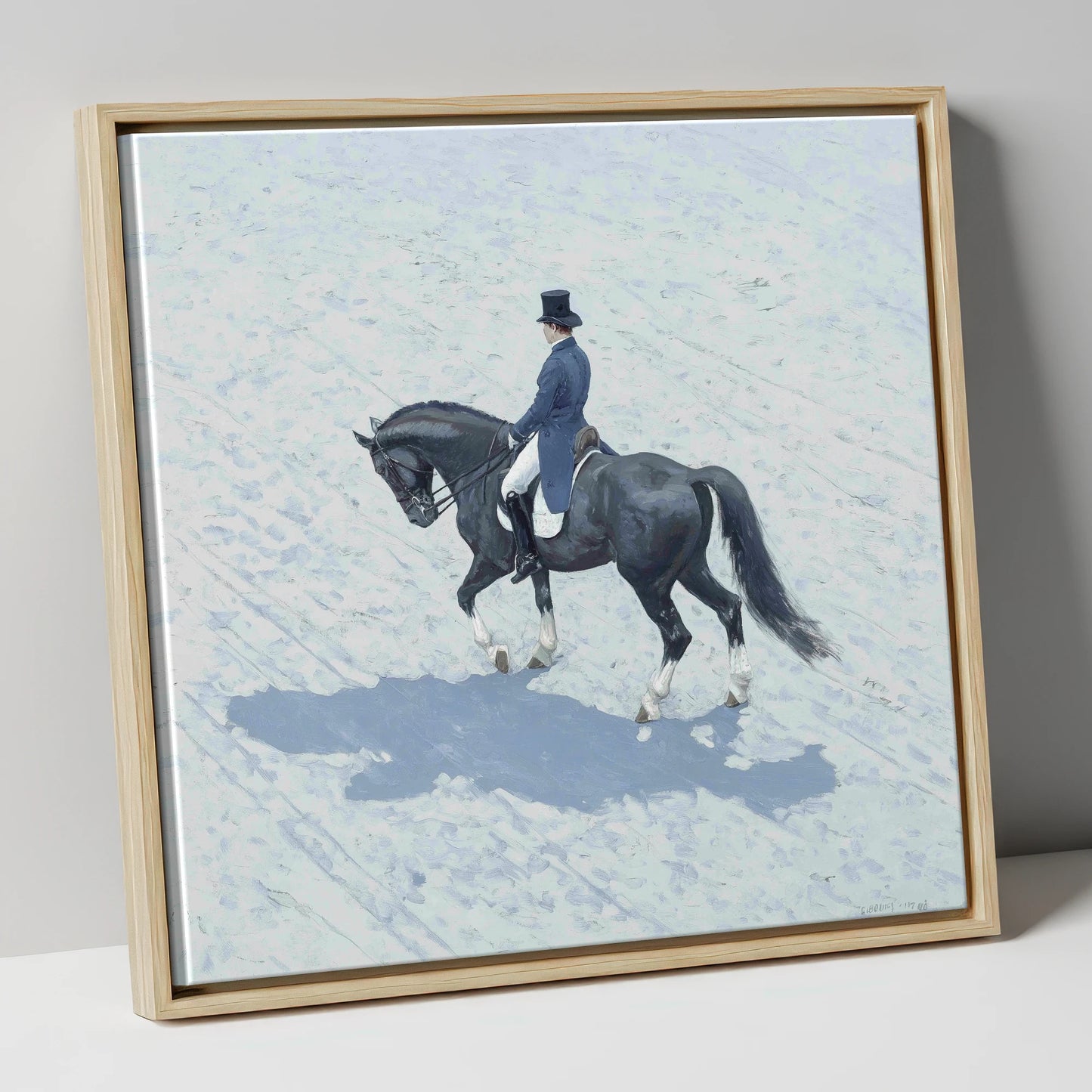 Focus and Shadow dressage horse canvas wall art in natural frame