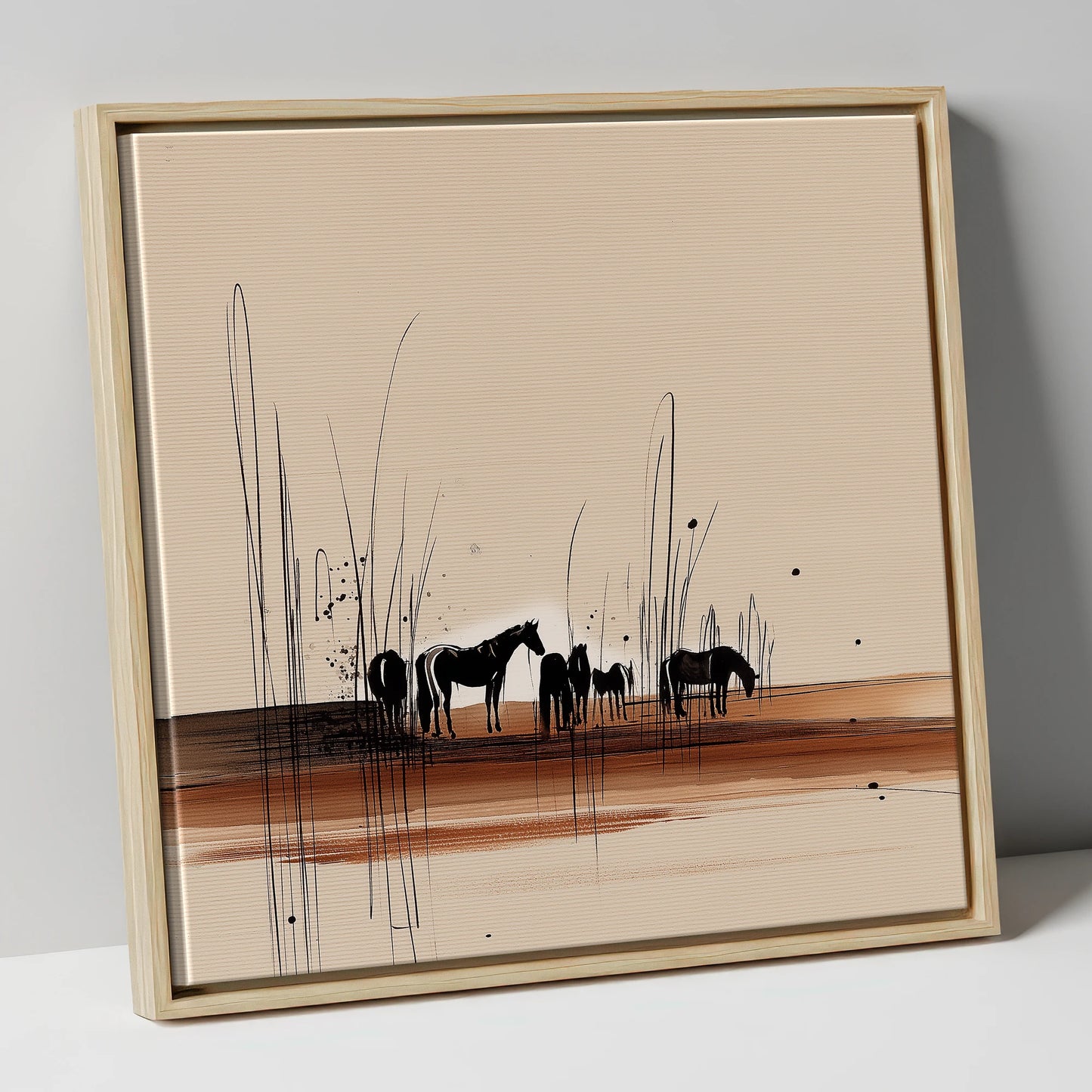 Whispers in the Reeds horse landscape canvas wall art in natural frame