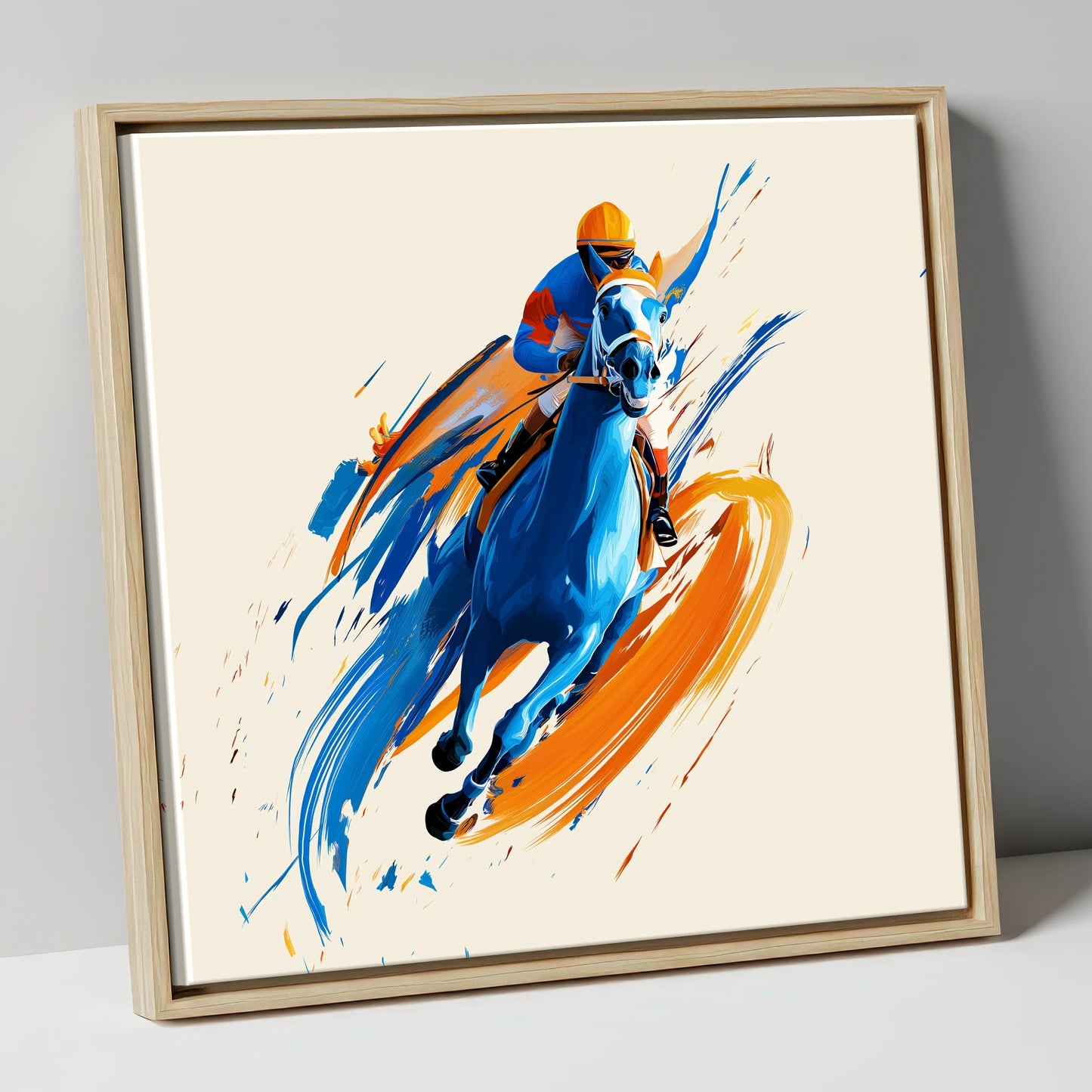 Electric Pace racing horse canvas wall art in natural frame