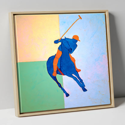 Cobalt Polo Swing polo horse canvas wall art in natural frame