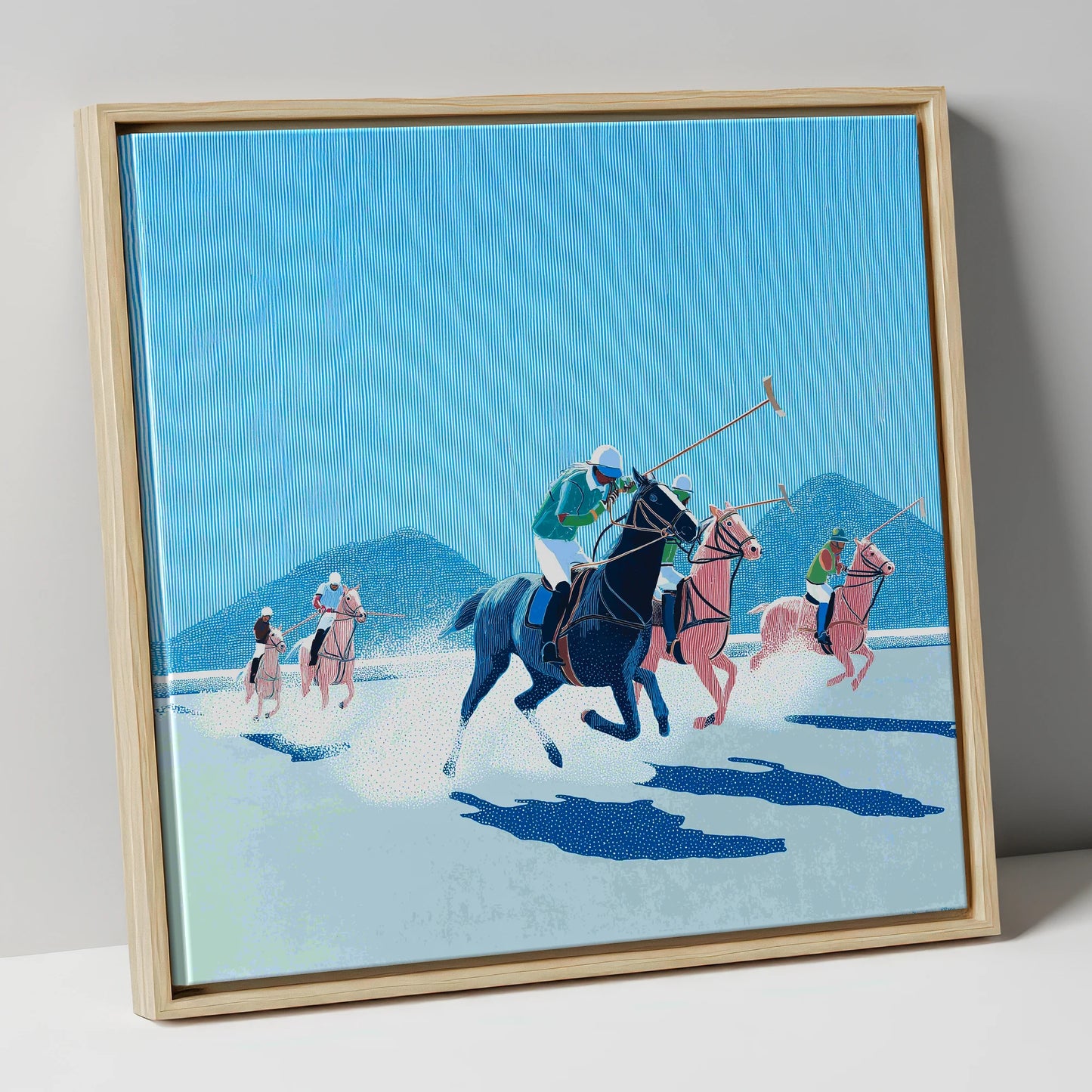 Azure Polo Pursuit polo horse canvas wall art in natural frame