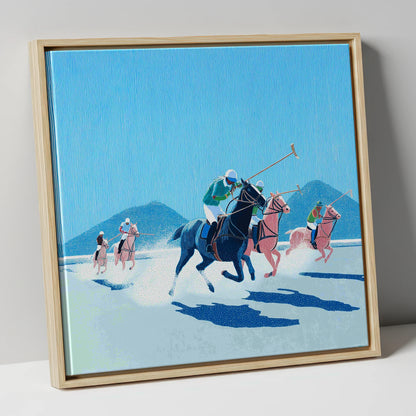 Azure Polo Pursuit polo horse canvas wall art in natural frame