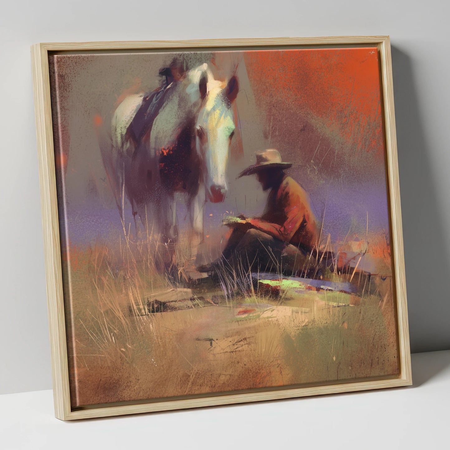 The Rider's Rest horse & rider canvas wall art in natural frame