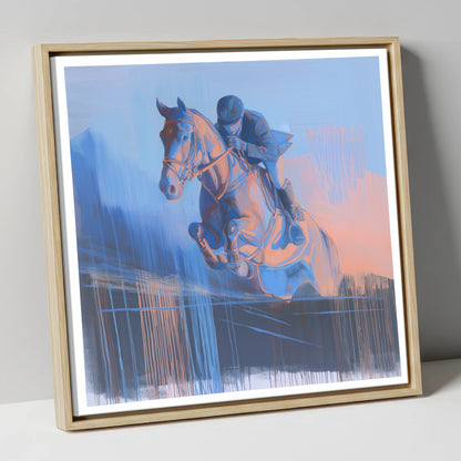 Suspended in Cobalt show jumping horse canvas wall art in natural frame