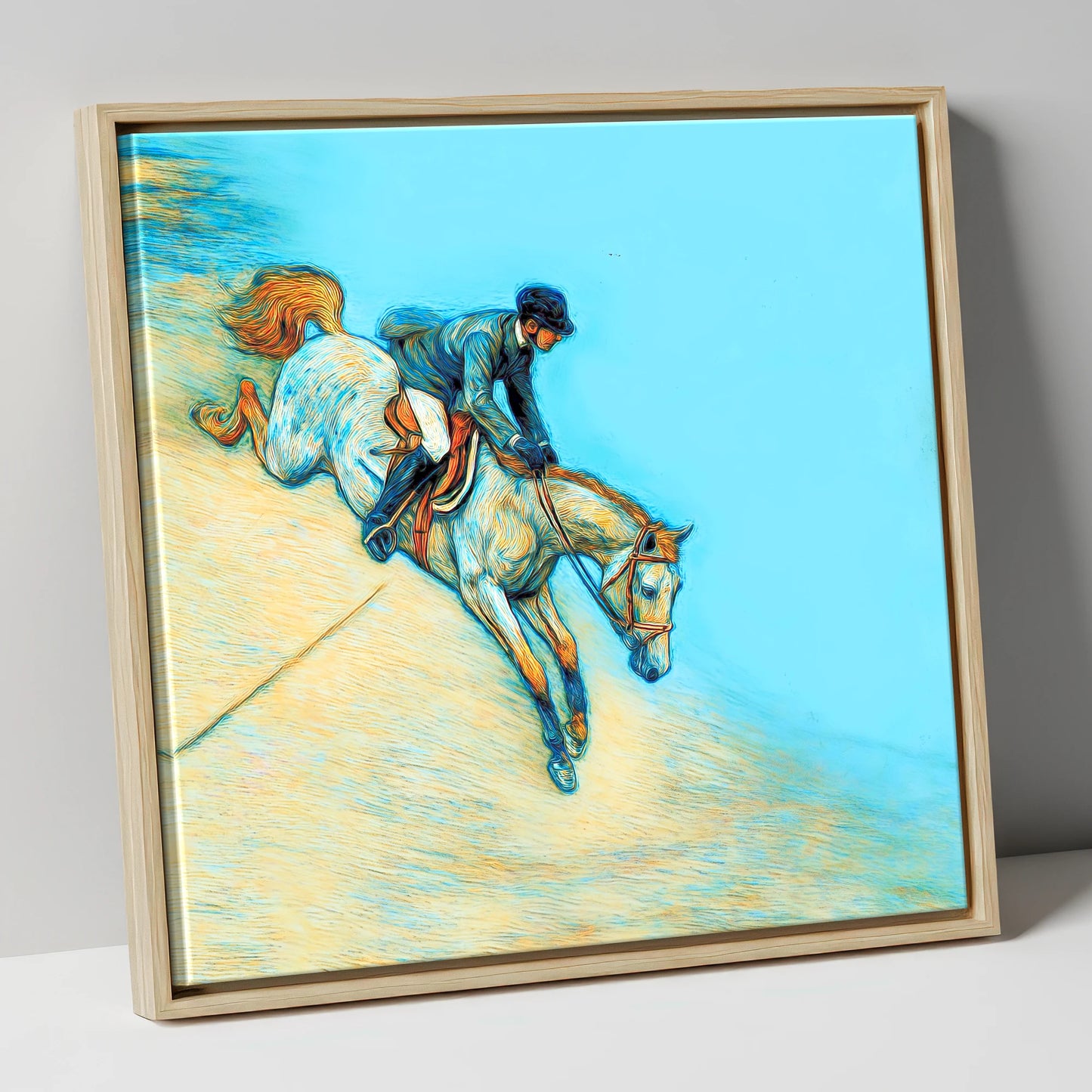 Bold Cerulean Flight show jumping horse canvas wall art in natural frame