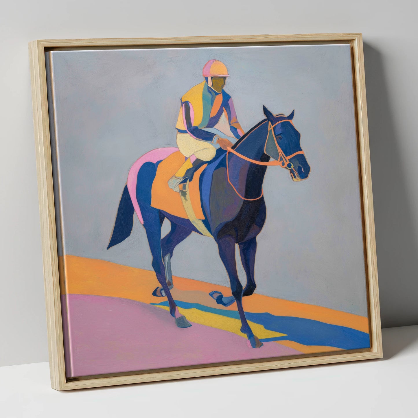 Colours To The Post racing horse canvas wall art in natural frame
