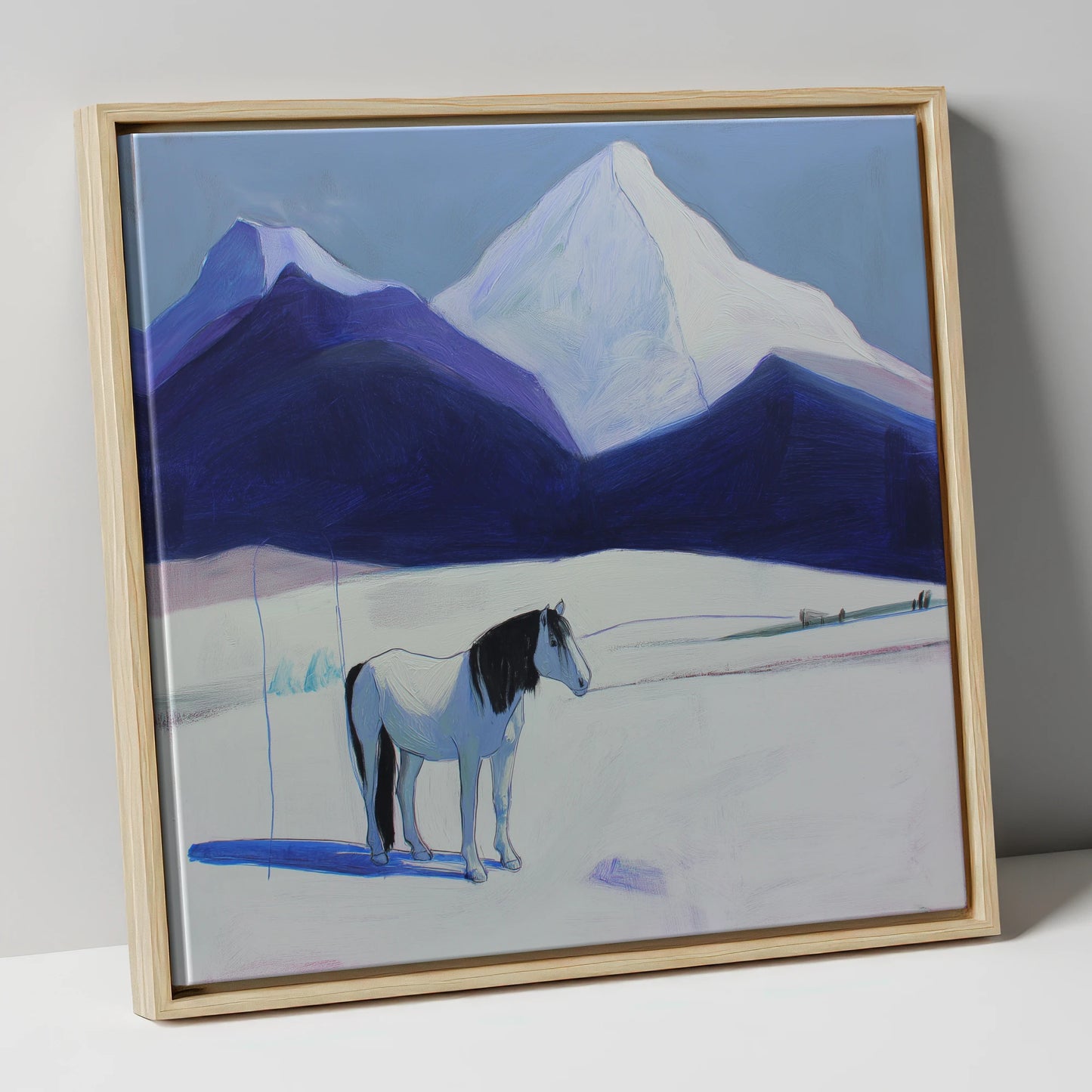 Alpine Silence horse landscape canvas wall art in natural frame