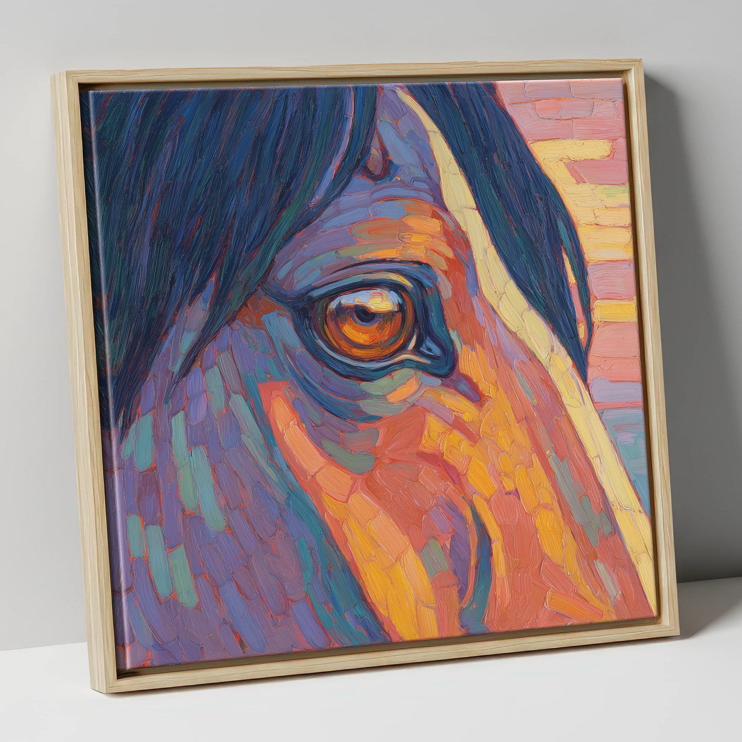 The Vivid Gaze horse portrait canvas wall art in natural frame