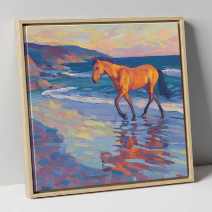 Vibrant Coastal Stride horse landscape canvas wall art in natural frame