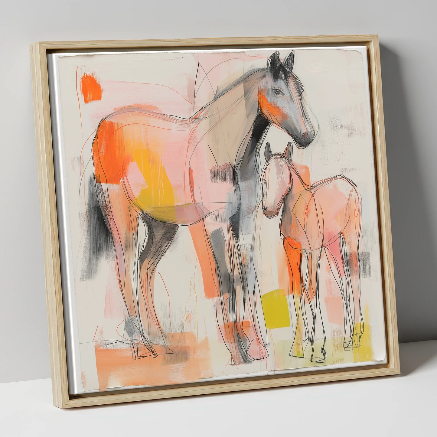 Radiant Beginnings mare & foal canvas wall art in natural frame