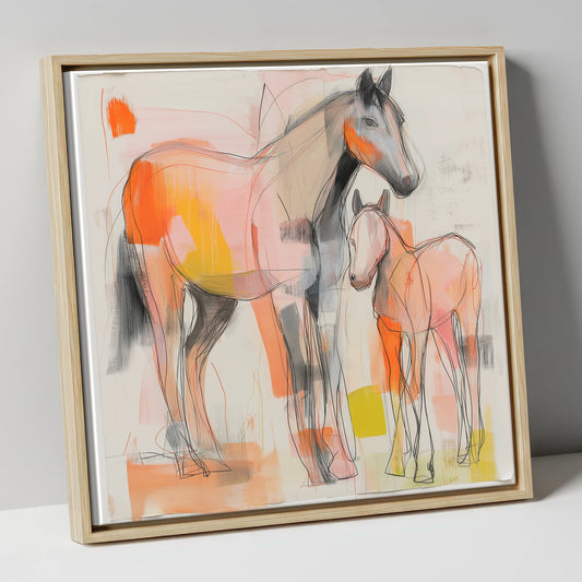 Radiant Beginnings mare & foal canvas wall art in natural frame