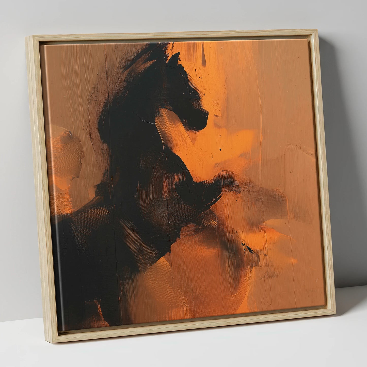 Amber Equine Silhouette horse portrait canvas wall art in natural frame