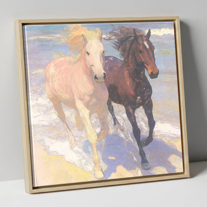 Ethereal Shoreline Canter horse landscape canvas wall art in natural frame