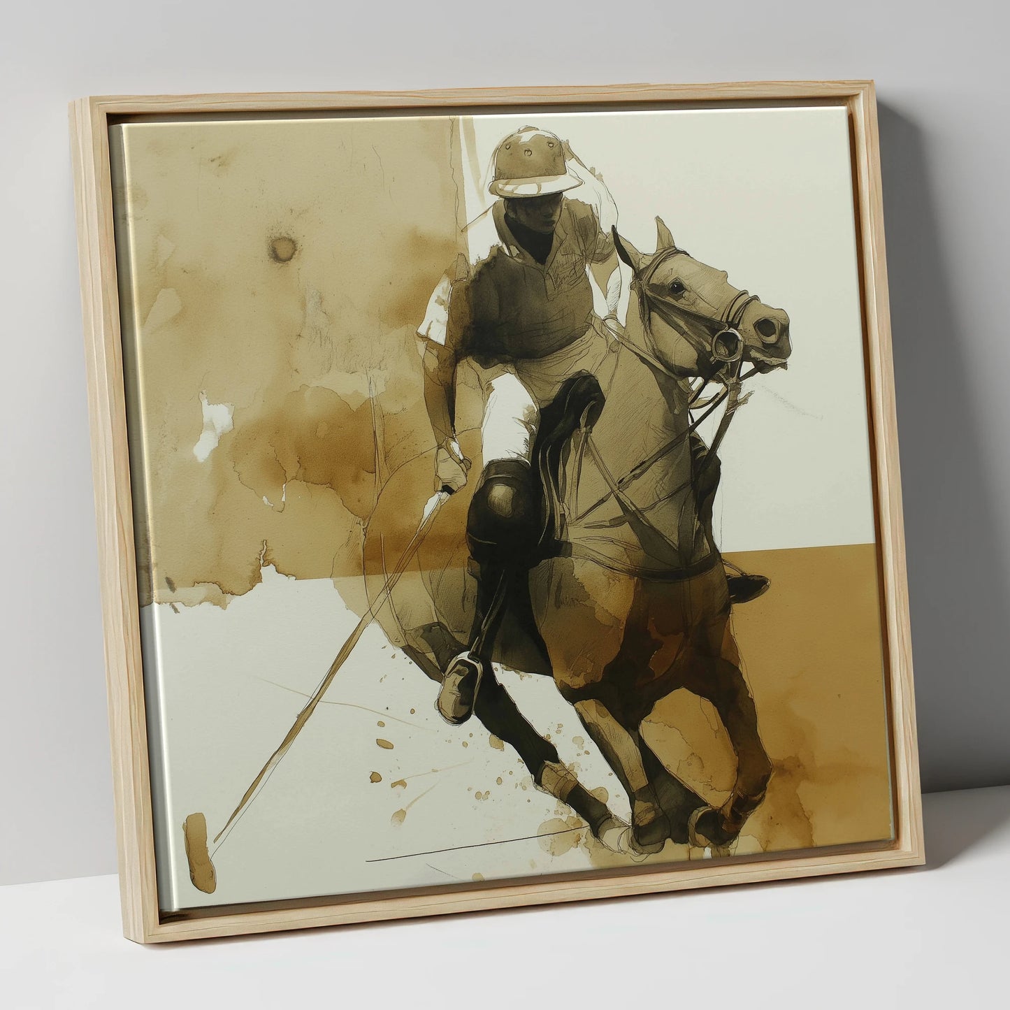 Sepia Polo Pursuit polo horse canvas wall art in natural frame