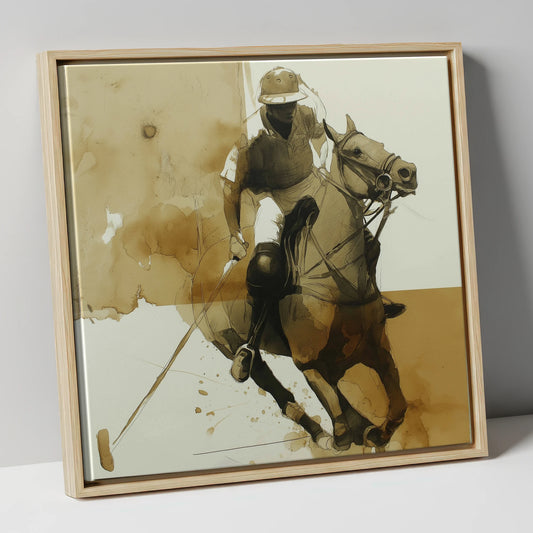 Sepia Polo Pursuit polo horse canvas wall art in natural frame