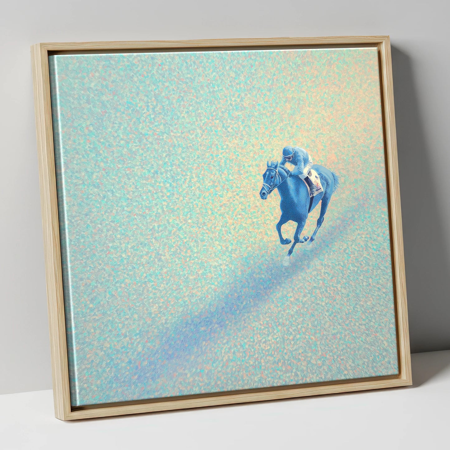 Luminous Racing Stride racing horse canvas wall art in natural frame
