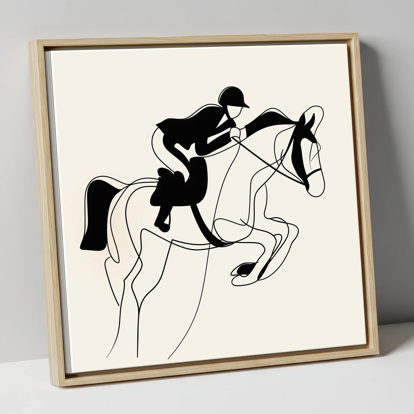 Grace in Flight show jumping horse canvas wall art in natural frame